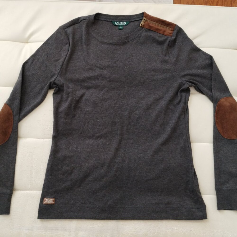 Women's LARGE Lauren Ralph Lauren Gray Faux Leather Elbow Patch Zip Shoulder